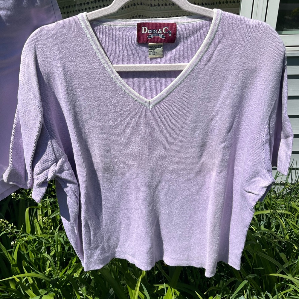 Denim&Co 1X Lavender Short Sleeve V Neck Cropped Sweater Part of set with shorts